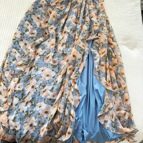 Fashion Nova Sophia Chiffon Pastel Floral Strapless Maxi Dress Blue Size Small - Picture 12 of 13